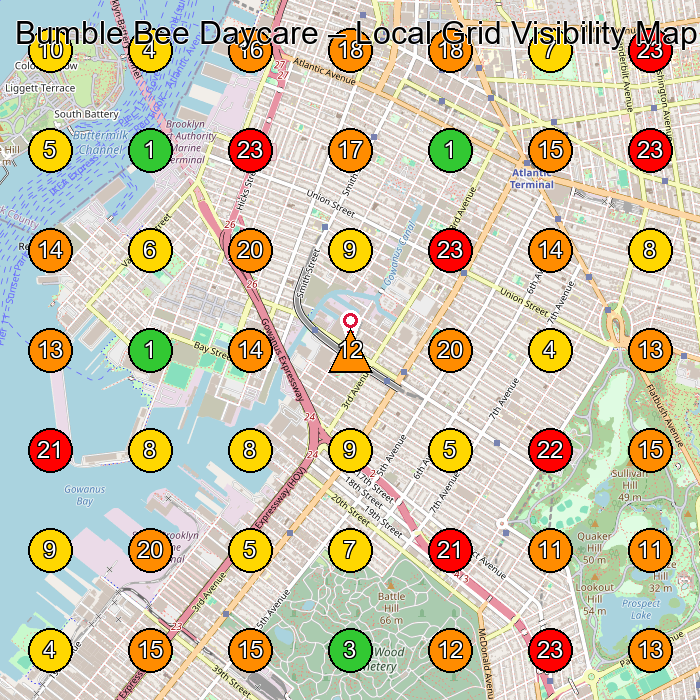 Bumble Bee Daycare Day Care Center GeoGrid ranking map for Brooklyn NY